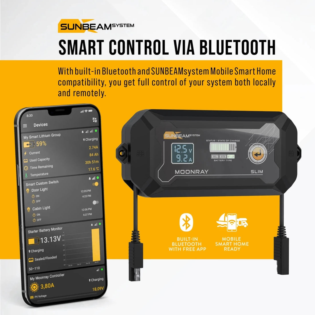 Sunbeam MoonRay Slim 15A MPPT Solcellsregulator med Bluetooth 12/24V