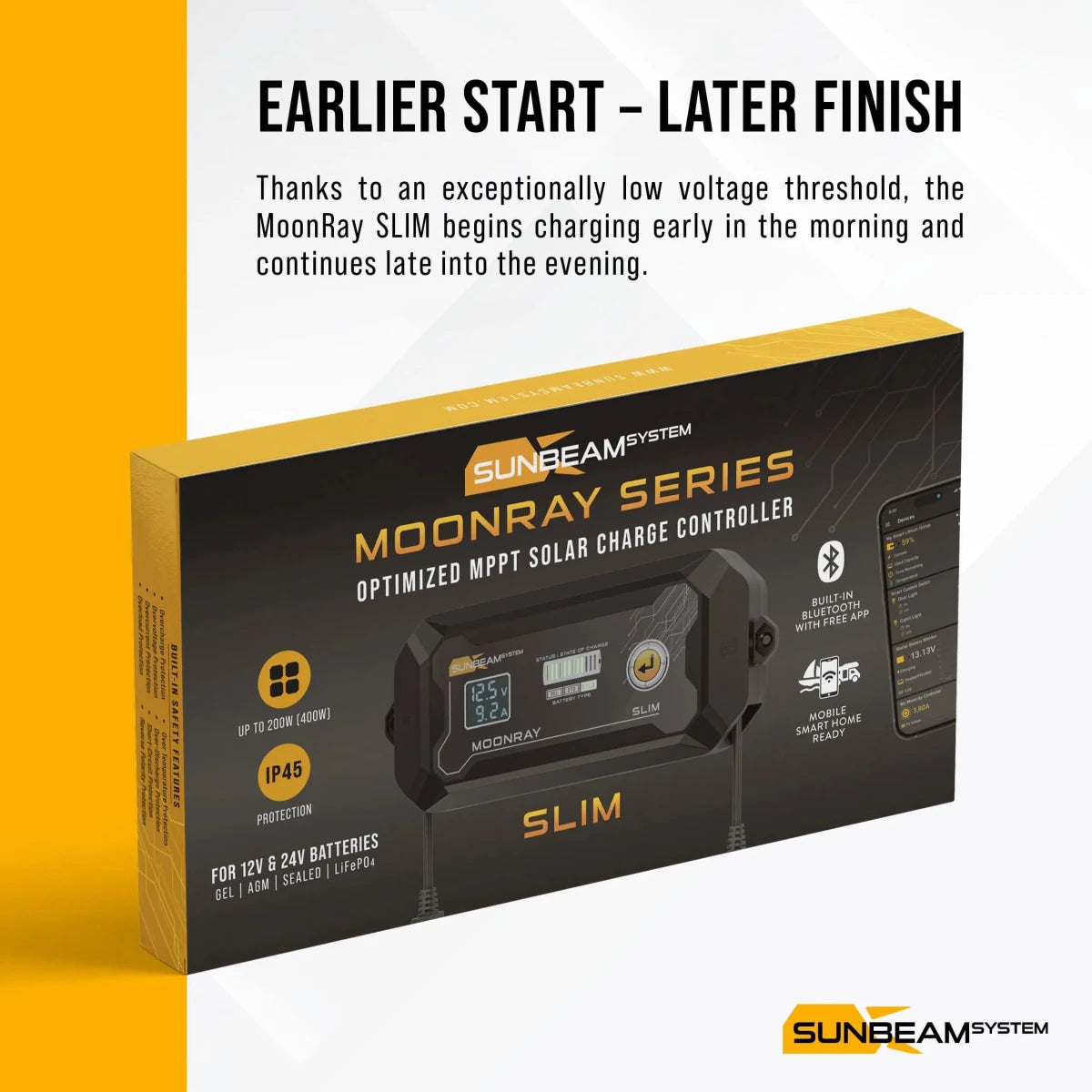 Sunbeam MoonRay Slim 15A MPPT Solcellsregulator med Bluetooth 12/24V