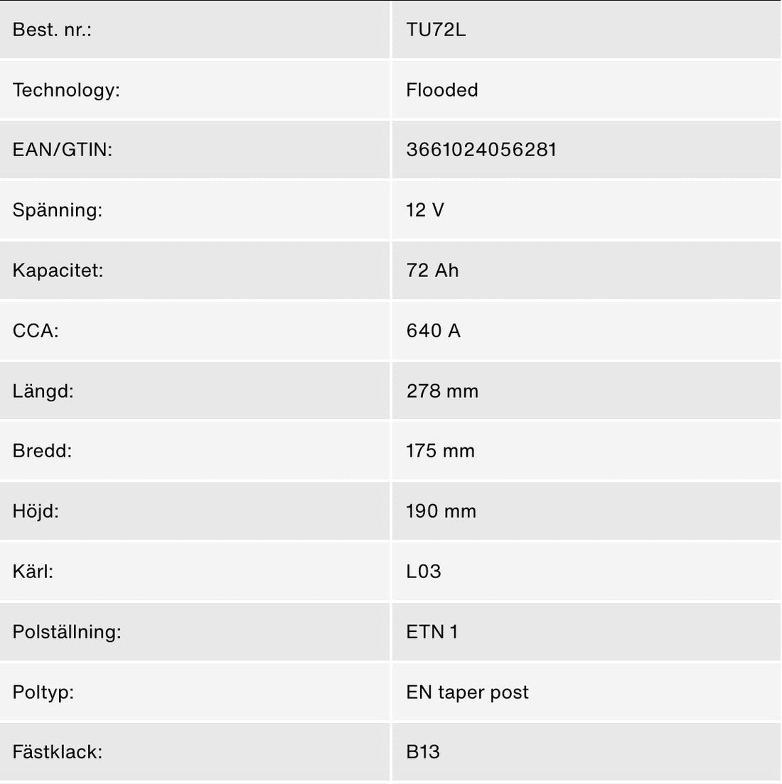 Tudor batteri fritid 12V 72Ah (Endast i butik)