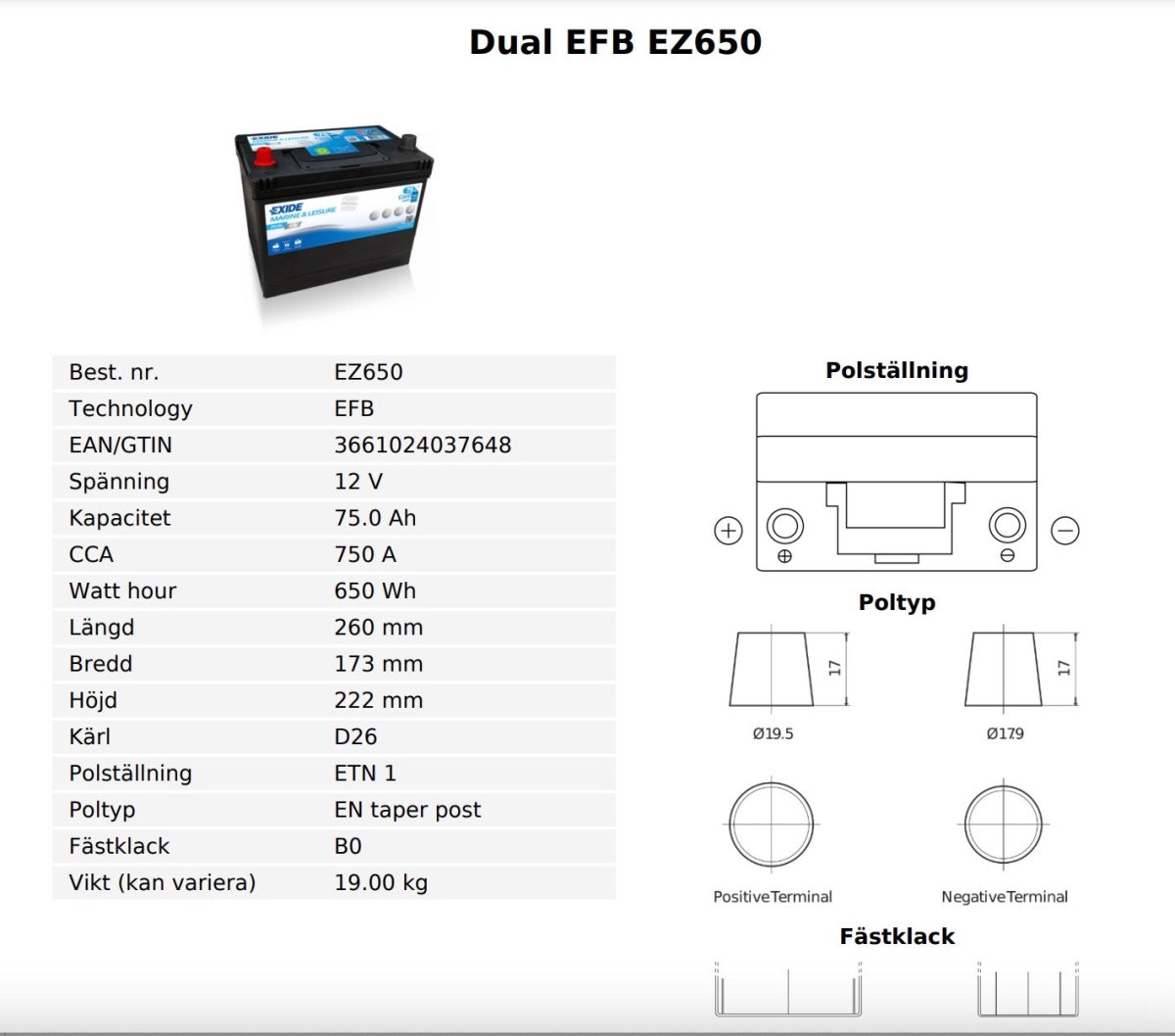 Tudor Dual EFB 75ah, 650Wh, 750CCA (Endast i Butik)